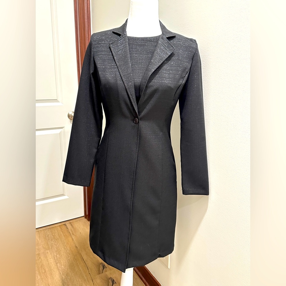 2PC long jacket and sheath dress combo. Black with silver threading. Jr Size 3